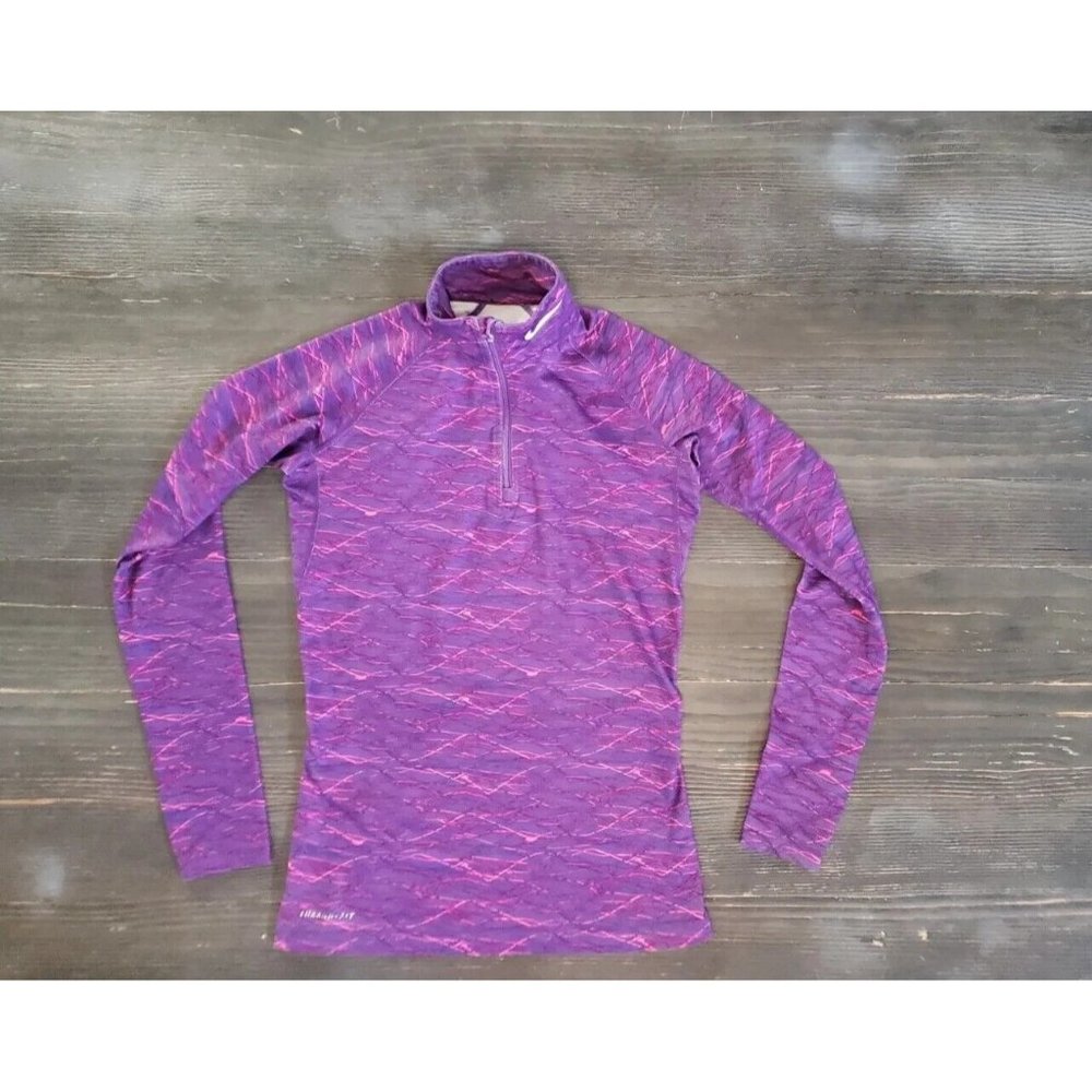 Nike Pro Combat Shirt Purple Dri Fit Fitted 1/4 Zip Thumb Holes Logo Women Sz S